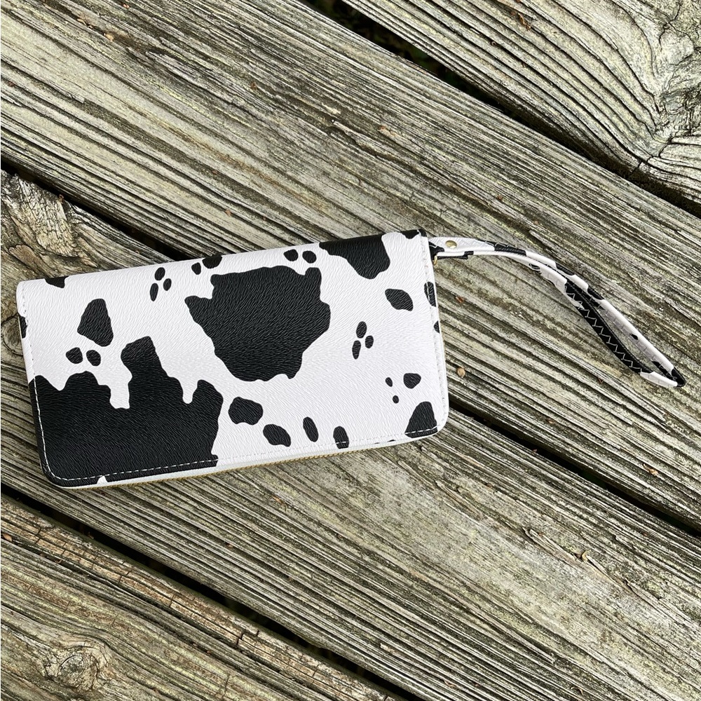 Cow Print PU Leather Long Zipper Wallet Wristlet
